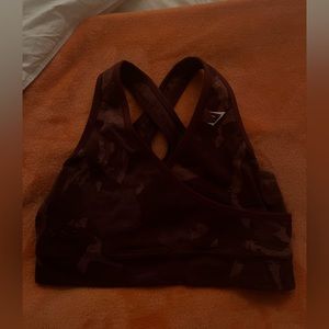 Cross-back maroon navy print Gymshark sports bra, size small.